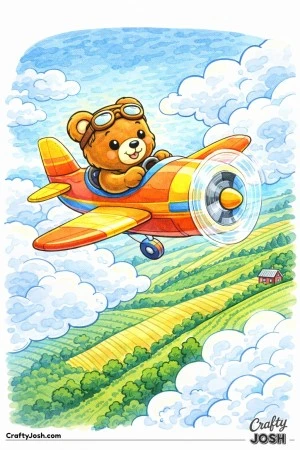 A brave teddy bear pilot flies a small propeller airplane diagonally through large clouds while rolling farmland fields stretch below