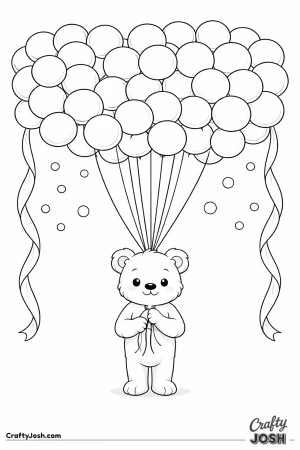 A teddy bear stands beneath a giant cloud of round balloons while holding the balloon strings, with large curved streamers framing the sides