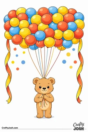 A teddy bear stands beneath a giant cloud of round balloons while holding the balloon strings, with large curved streamers framing the sides