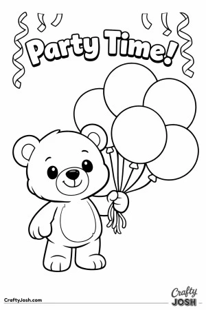 A teddy bear stands holding a bunch of balloons with the words “Party Time!” above and simple streamers hanging from the top