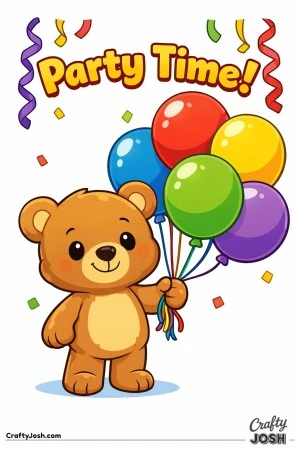 A teddy bear stands holding a bunch of balloons with the words “Party Time!” above and simple streamers hanging from the top