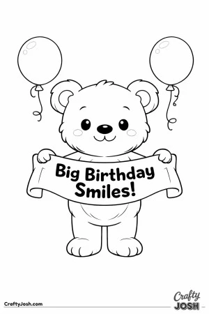 A teddy bear stands in the center holding a wide banner that says “Big Birthday Smiles!” with large balloons floating above