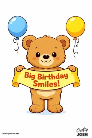 A teddy bear stands in the center holding a wide banner that says “Big Birthday Smiles!” with large balloons floating above