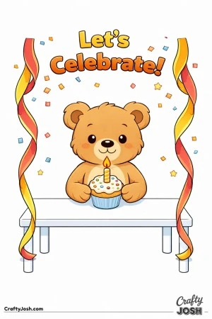 A teddy bear holds a cupcake with a single candle while thick streamers frame the page and the words “Let’s Celebrate!” appear above