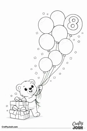 A teddy bear holds eight oversized balloons forming a curved trail upward with two large presents stacked at the base