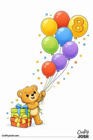 A teddy bear holds eight oversized balloons forming a curved trail upward with two large presents stacked at the base