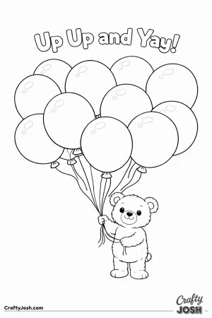 A small teddy bear stands beneath a large cluster of oversized balloons while holding all the strings with both paws and the phrase “Up Up and ..