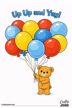 A small teddy bear stands beneath a large cluster of oversized balloons while holding all the strings with both paws and the phrase “Up Up and ..