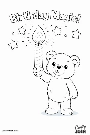 A teddy bear holds a giant birthday candle upright like a torch with stars floating around the flame and “Birthday Magic!” above