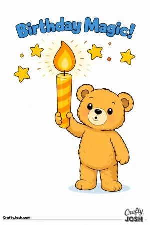A teddy bear holds a giant birthday candle upright like a torch with stars floating around the flame and “Birthday Magic!” above