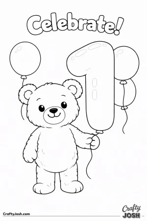 A teddy bear holds the string of a giant number-shaped balloon with two round balloons floating behind and the word “Celebrate!” above
