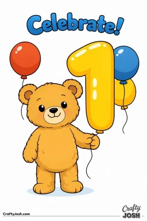 A teddy bear holds the string of a giant number-shaped balloon with two round balloons floating behind and the word “Celebrate!” above