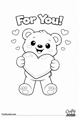 A teddy bear with oversized paws holds a large heart forward with the words “For You!” above