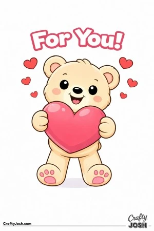 A teddy bear with oversized paws holds a large heart forward with the words “For You!” above