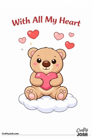 A teddy bear with an oversized round button nose holds a heart close to its belly with the phrase “With All My Heart” above and small floating ..