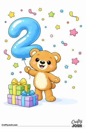 A teddy bear stands holding a large number 2 balloon with two stacked birthday presents at its feet while confetti and stars float around
