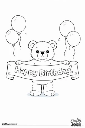 A teddy bear stands in the center holding a wide “Happy Birthday!” banner with large balloons floating above