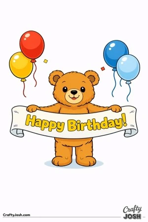 A teddy bear stands in the center holding a wide “Happy Birthday!” banner with large balloons floating above
