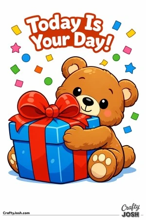 A teddy bear sits hugging a giant wrapped birthday gift with a large bow while confetti floats above and the phrase “Today Is Your Day!” appears ..