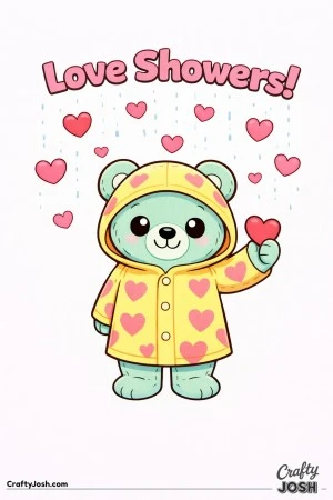 teddy bear coloring page, valentine teddy bear printable, love showers printable, teddy bear in raincoat, heart raincoat bear, cute valentine ..