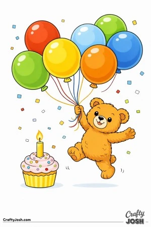 A teddy bear jumps upward reaching toward six large balloons with a cupcake and candle below and confetti around