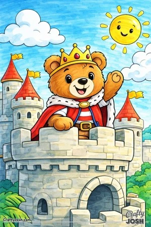 A cheerful teddy bear wearing a crown stands proudly on a castle tower balcony with rounded towers, fluffy clouds, and a smiling sun in the sky