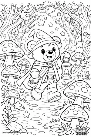 A teddy bear explores a magical forest path holding a lantern, surrounded by giant mushrooms, twisted trees, and floating star shapes