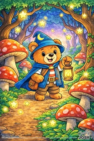 A teddy bear explores a magical forest path holding a lantern, surrounded by giant mushrooms, twisted trees, and floating star shapes