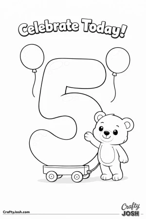 A teddy bear stands leaning against a giant number five balloon with two round balloons floating nearby and the words “Celebrate Today!” above