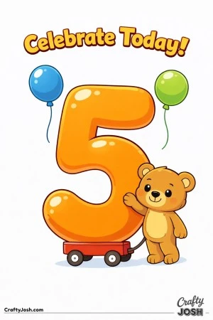 A teddy bear stands leaning against a giant number five balloon with two round balloons floating nearby and the words “Celebrate Today!” above