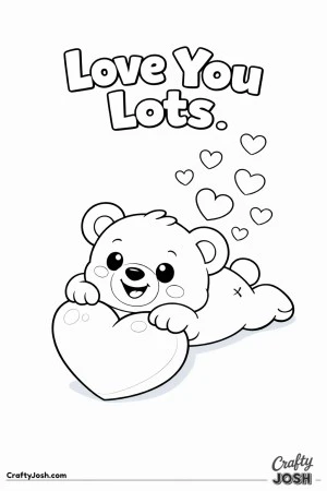 A teddy bear lies on its tummy with its chin resting on a large heart and the words “Love You Lots” above