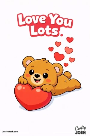 A teddy bear lies on its tummy with its chin resting on a large heart and the words “Love You Lots” above
