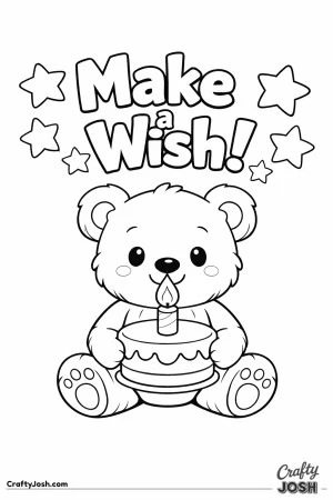 A teddy bear sits cross-legged holding a birthday cake with a single candle while large stars float above and the words “Make a Wish!” appear at ..