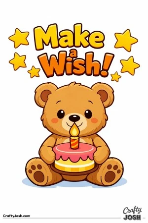 A teddy bear sits cross-legged holding a birthday cake with a single candle while large stars float above and the words “Make a Wish!” appear at ..