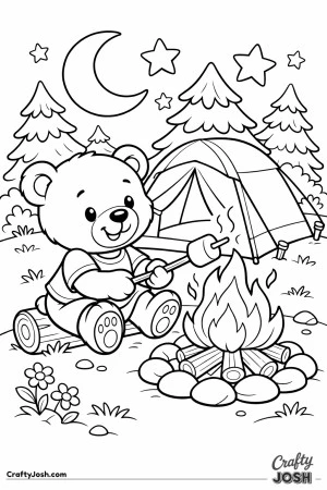 A teddy bear sits beside a rounded tent roasting a marshmallow over a campfire under a crescent moon and oversized stars, surrounded by simple pine ..