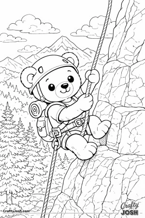 A brave teddy bear climbs a tall rocky cliff using a rope and harness with pine trees and mountain peaks stretching behind