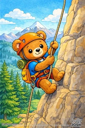 A brave teddy bear climbs a tall rocky cliff using a rope and harness with pine trees and mountain peaks stretching behind