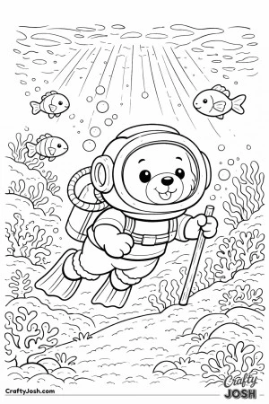 A teddy bear wearing a large diving helmet explores the ocean floor surrounded by rounded fish, coral shapes, seaweed, and shining sunbeams from above