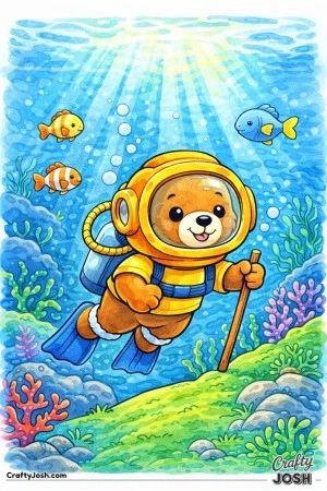 A teddy bear wearing a large diving helmet explores the ocean floor surrounded by rounded fish, coral shapes, seaweed, and shining sunbeams from above