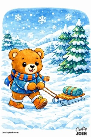 A bundled-up teddy bear wearing a scarf and boots pulls a small sled across layered snowy hills with pine trees and large falling snowflakes in the ..