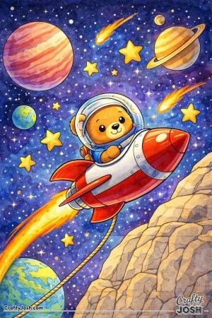 A brave teddy bear flies a small rocket diagonally through space surrounded by large planets, comets, and oversized stars