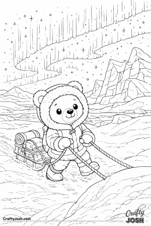 A determined teddy bear pulls a small sled across snowy terrain with icebergs and rolling snow hills stretching beneath a wide northern sky