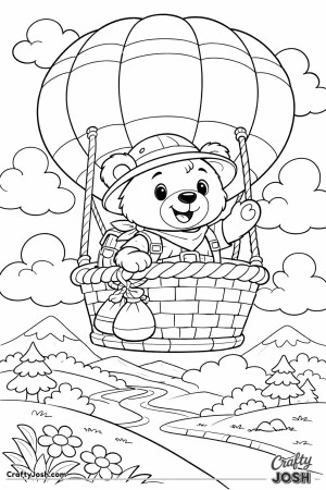 A cheerful teddy bear stands inside a hot air balloon basket floating above simple rolling hills and surrounded by large fluffy clouds