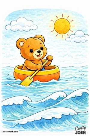 A cheerful teddy bear paddles a small round boat across calm water with large curving waves below and a bright sun and fluffy clouds above
