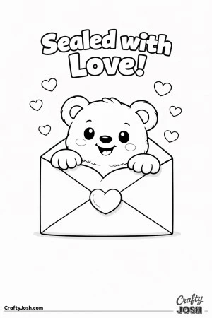 A teddy bear peeks out of an open heart-shaped envelope with the words “Sealed with Love” above