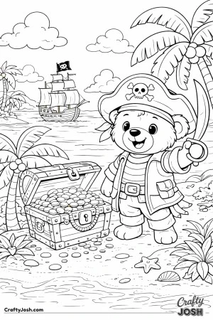 A brave teddy bear pirate stands on a sandy island beside an overflowing treasure chest while a pirate ship sails on calm water in the distance