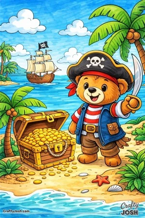 A brave teddy bear pirate stands on a sandy island beside an overflowing treasure chest while a pirate ship sails on calm water in the distance