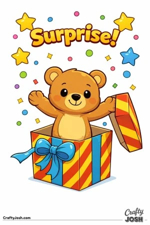A teddy bear pops out of a large open gift box with the word “Surprise!” above and floating stars and confetti around it