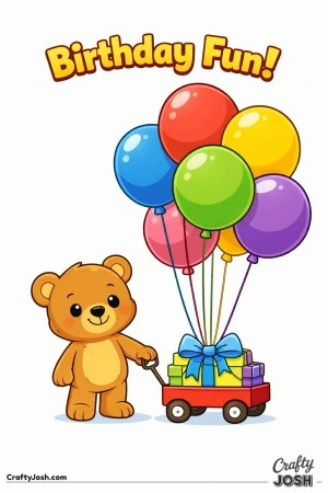 A teddy bear pulls a small wagon filled with oversized balloons with the words “Birthday Fun!” above