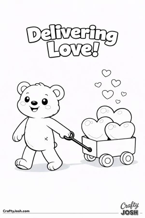 A teddy bear pulls a small wagon filled with large hearts with the words “Delivering Love!” above